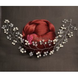 Accesoriu modern pentru decor par WED06AA Argintiu cu cristale si perle de 35cm